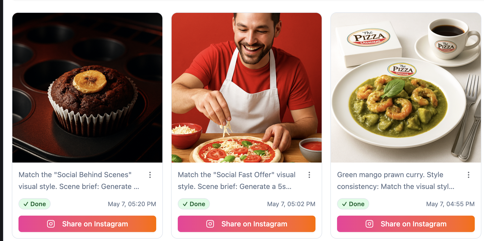 Gloo AI Studio Instagram post generator screenshot with generated posts and share to Instagram actions